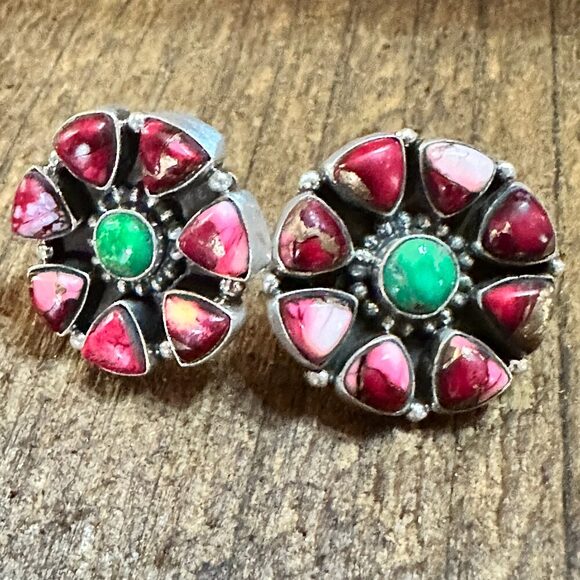 Handmade Sterling Silver Red Rose Dahlia With Emerald Valley, Post Earrings, Si - Picture 2 of 10